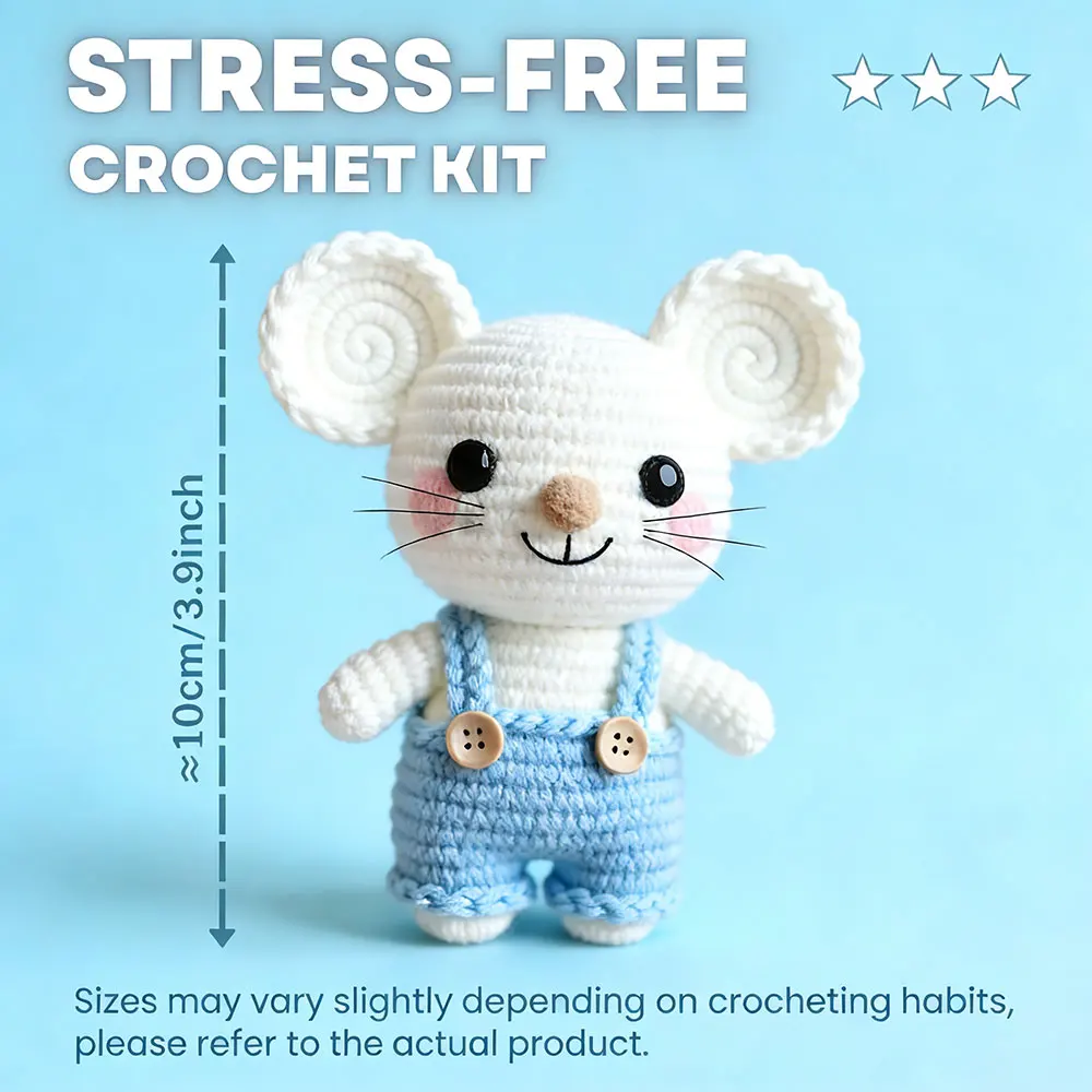 코바늘 키트, 마우스 오버롤 코바늘 초보자용 스타터 키트, 아미구루미 코바늘 키트, DIY 공예 키트, 동물 코바늘 키트
