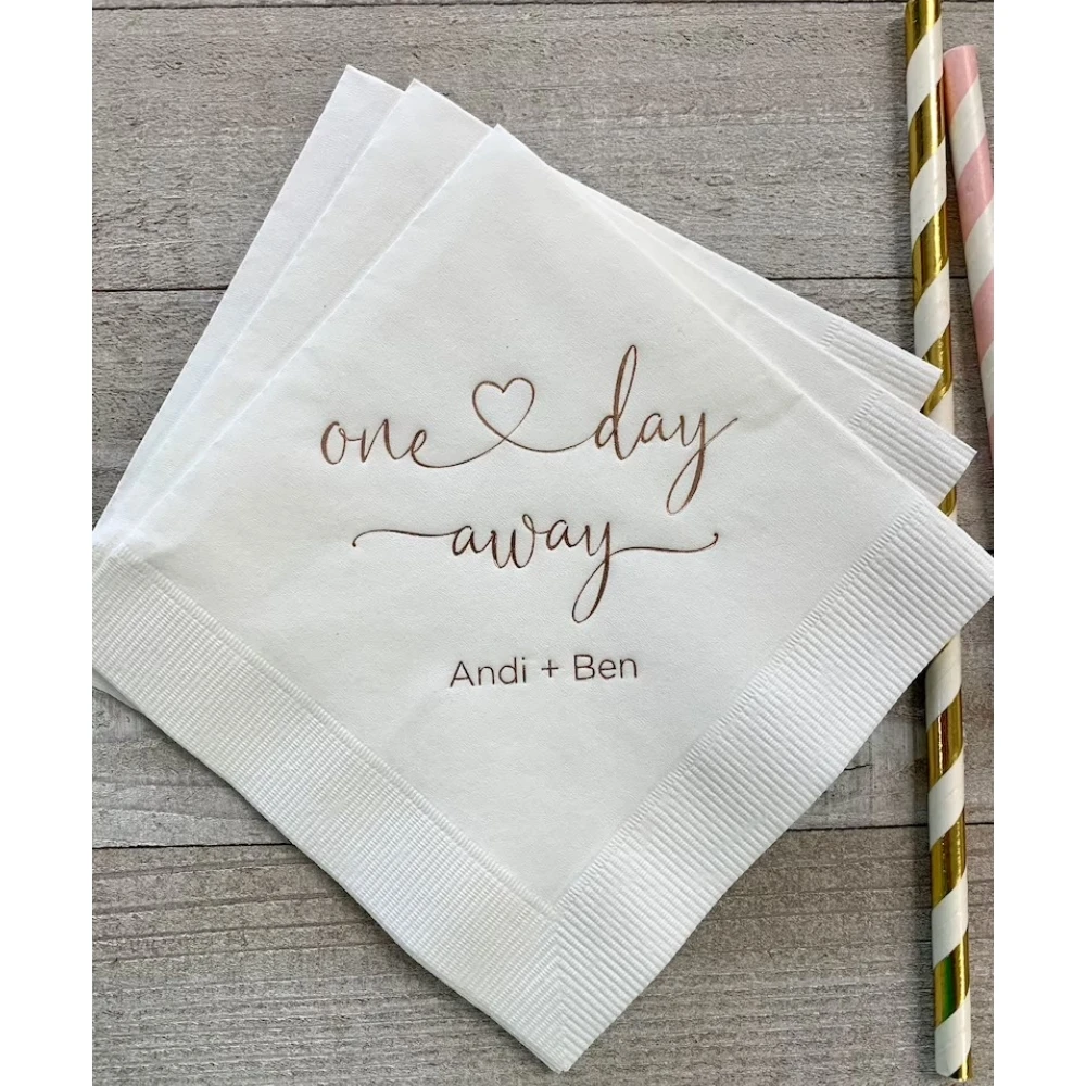 

50pcs Personalized Rehearsal Napkins Custom Printed One Day Away Beverage Cocktail Luncheon Dinner Guest Towel Napkins Imprinted