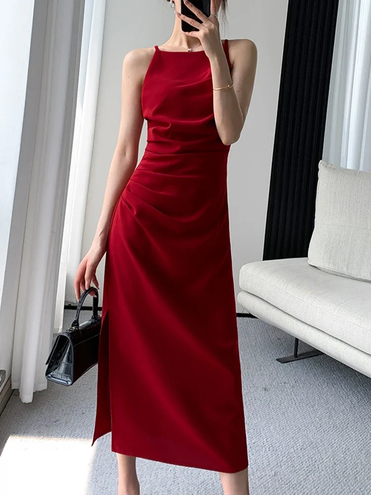 

Korean Summer Elegant Slim Red Sleeveless Midi Dress Office Lady Fashion Spaghetti Straps Bodycon Split Clothes Women Vestidos
