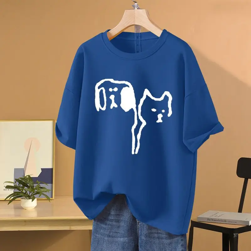 

Women's Unique Cartoon Printed Pure Cotton T-shirt Summer Versatile O-neck Short Sleeve Loose Pullover Lady Basics Top Tee M-6xl