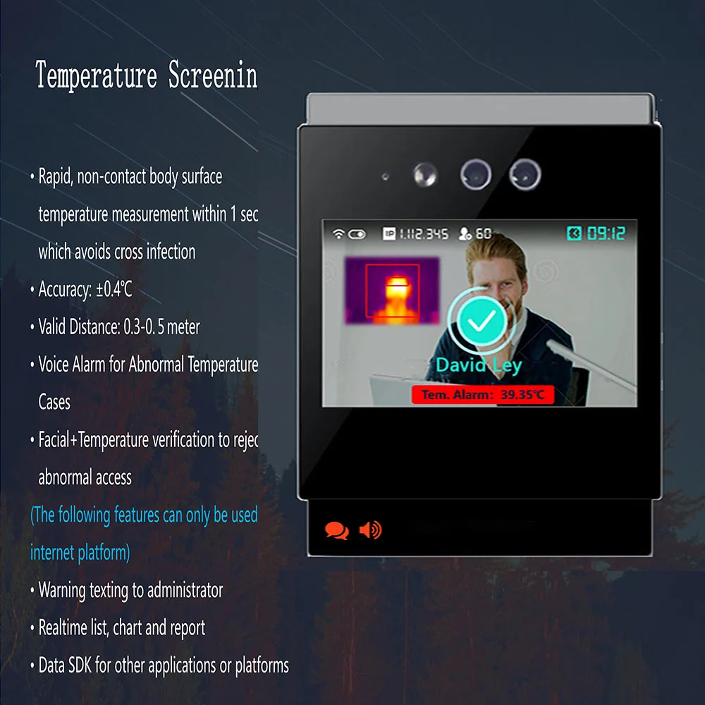 5 inch TCP/IP wifi Dynamic face recognition time attendance access control 2.0 MP camera 20000 faces temperature detection