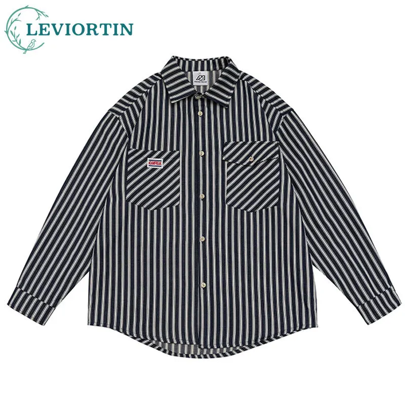 

Streetwear Denim Striped Minimalist Label Shirt Men Autumn High Street Japanese Chest Pocket Vintage Male Cargo Shirt Jacket