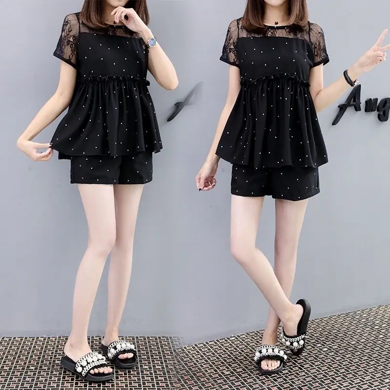 Sweet Lace Patchwork Matching Sets Fashion Hollow Out Female Clothing Polka Dot O-Neck Plaid Summer Casual Elastic Short Sets