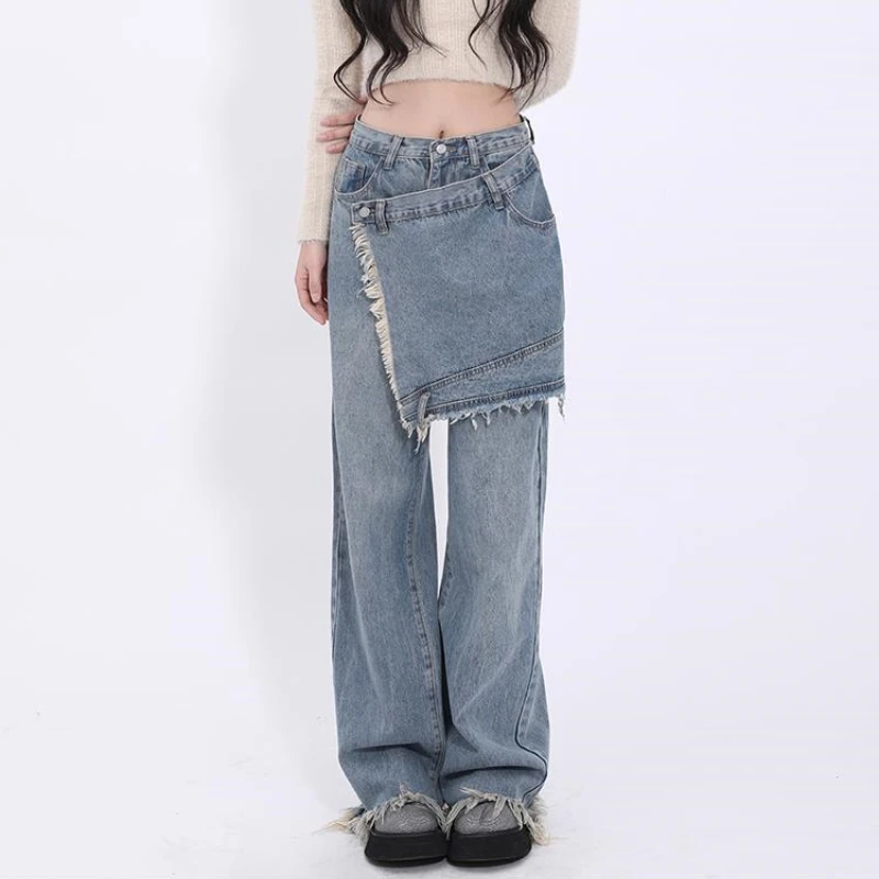 New Chic Trend American Retro Patchwork Baggy Jeans For Women Ripped Y2k Streetwear Fake Two Pieces Female Denim Pants Trousers