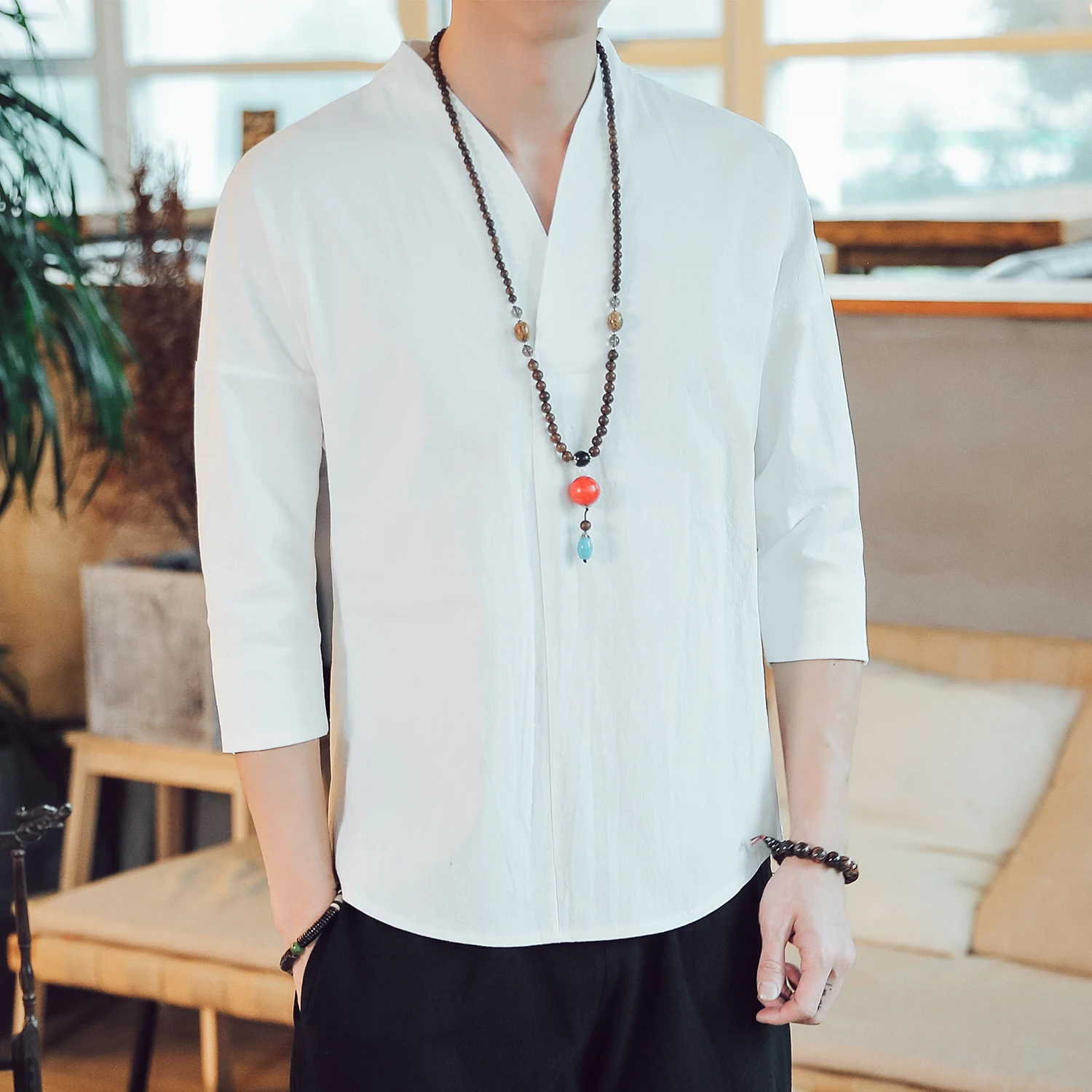 HTOOHTOOH Men Casual 3/4 Sleeves Solid Chinese Style Linen Popover Shirt HTOOHTOOH Men Casual 3/4 Sleeves Solid Chinese Style Linen Popover Shirt