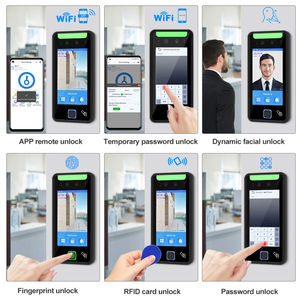 TCP IP WiFi Dynamic Face Recognition Device 5 Inch RFID APP Access Control Keypad Fingerprint Time Attendance System Waterproof