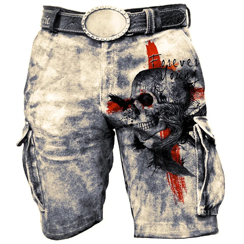 

Men's Jeans Trend Sports Street Running 3D Skull Head Printed Shorts Outdoor Loose Denim Shorts Military Pants Field Training Pa