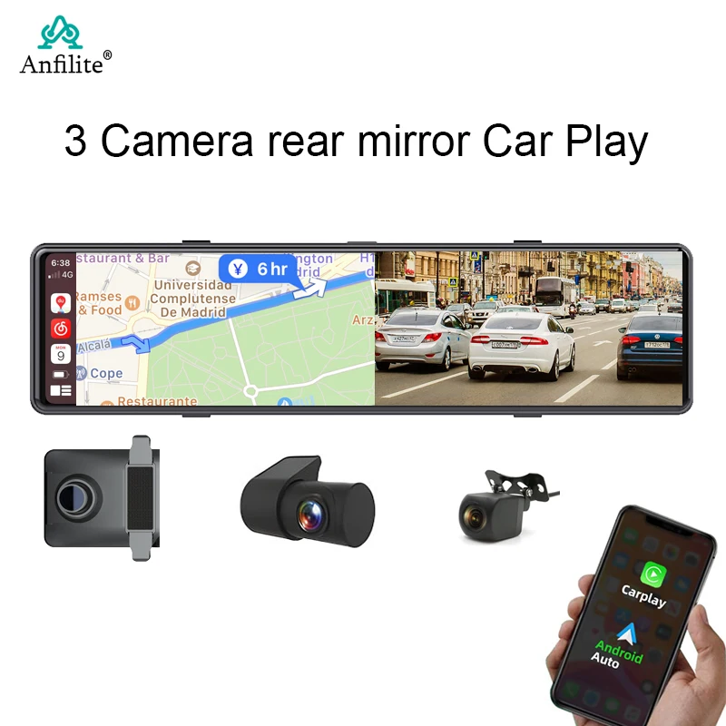 3 Telecamere Dash Cam Carplay E Android Auto Fm Trasmissione Bluetooth Wifi Gps Car Mirror Videoregistratore Dvr 24 H Monitor Di Parcheggio
