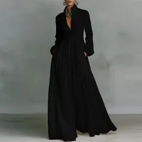 French Elegant High Waist Swing Long Dress Woman Spring Solid Pockets Pleated Maxi Dress Autumn Long Sleeve Button Evening Dress - Image 2