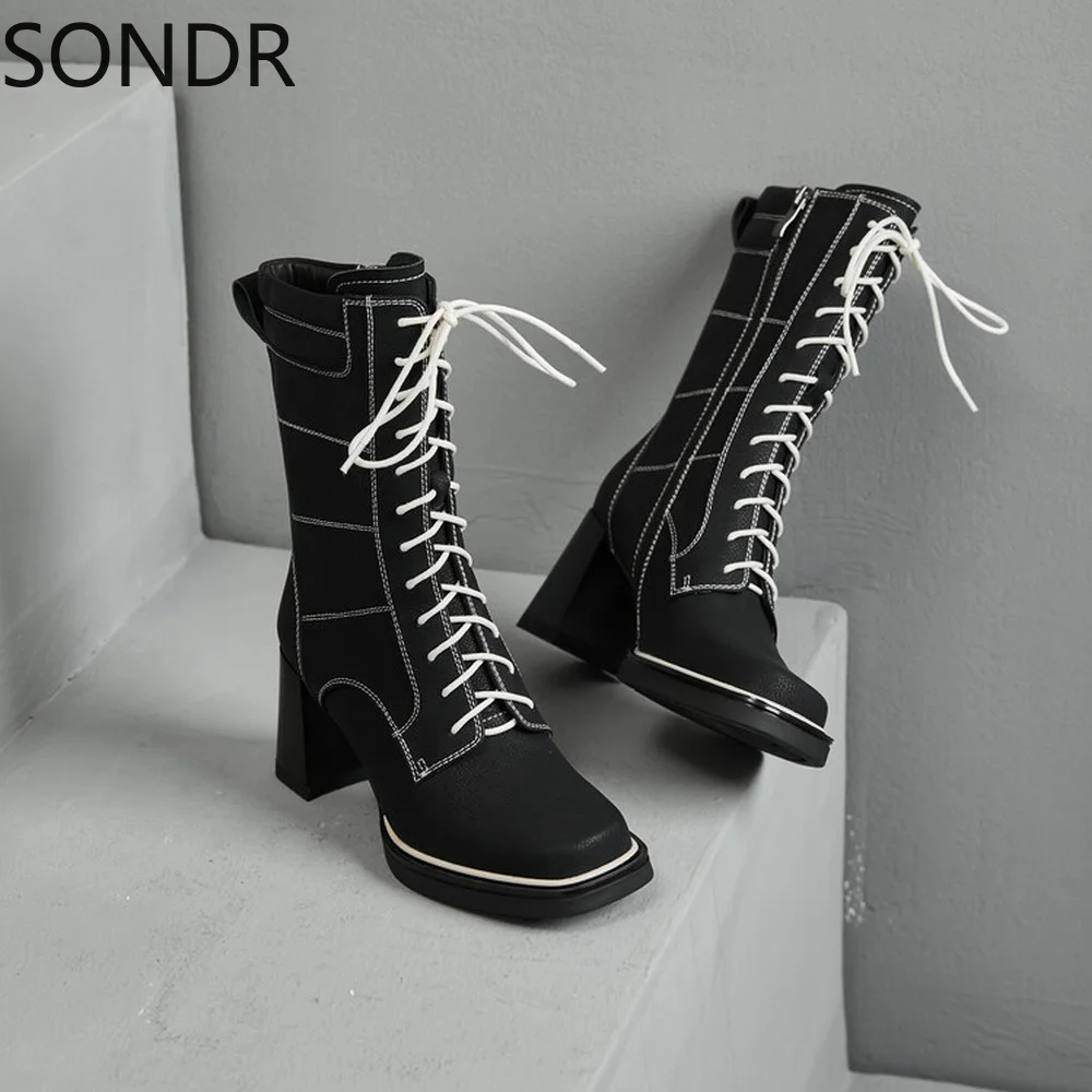 

Womens SquareToe Ankle Boots Lace Up Platform Genuine Leather Block High Shoes Retro Plus Size Ladies Punk New 2022