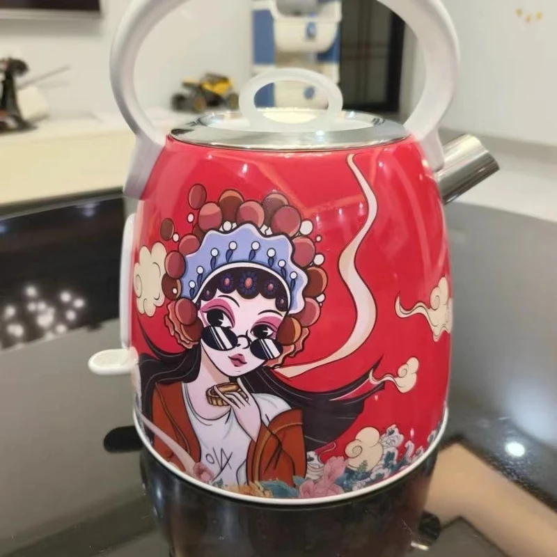 1.7L Retro Automatic Printed Electric Kettle Water Boiler 304 Stainless Steel Anti-dry thermometer1850w 220V 2