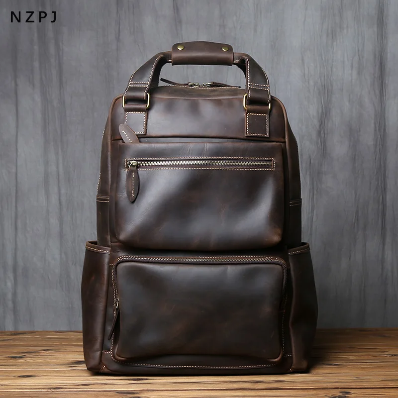 Retro Leather Men's Backpack Top Layer Leather Large Capacity Computer Backpack Crazy Horse Leather Leisure Travel  Men Bag NZPJ