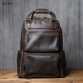 Retro Leather Men's Backpack Top Layer Leather Large Capacity Computer Backpack Crazy Horse Leather Leisure Travel  Men Bag NZPJ 1