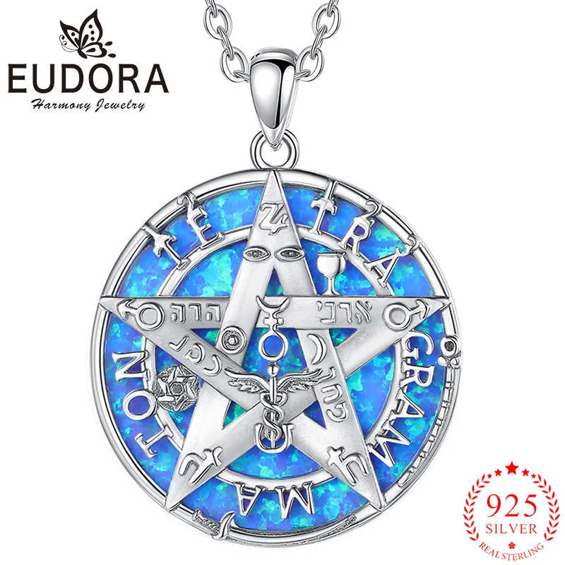 

Eudora 925 Sterling Silver Tetragrammaton Pentagram Necklace Blue Opal Amulet Pendant Men Women Personality Jewelry Fine Gift