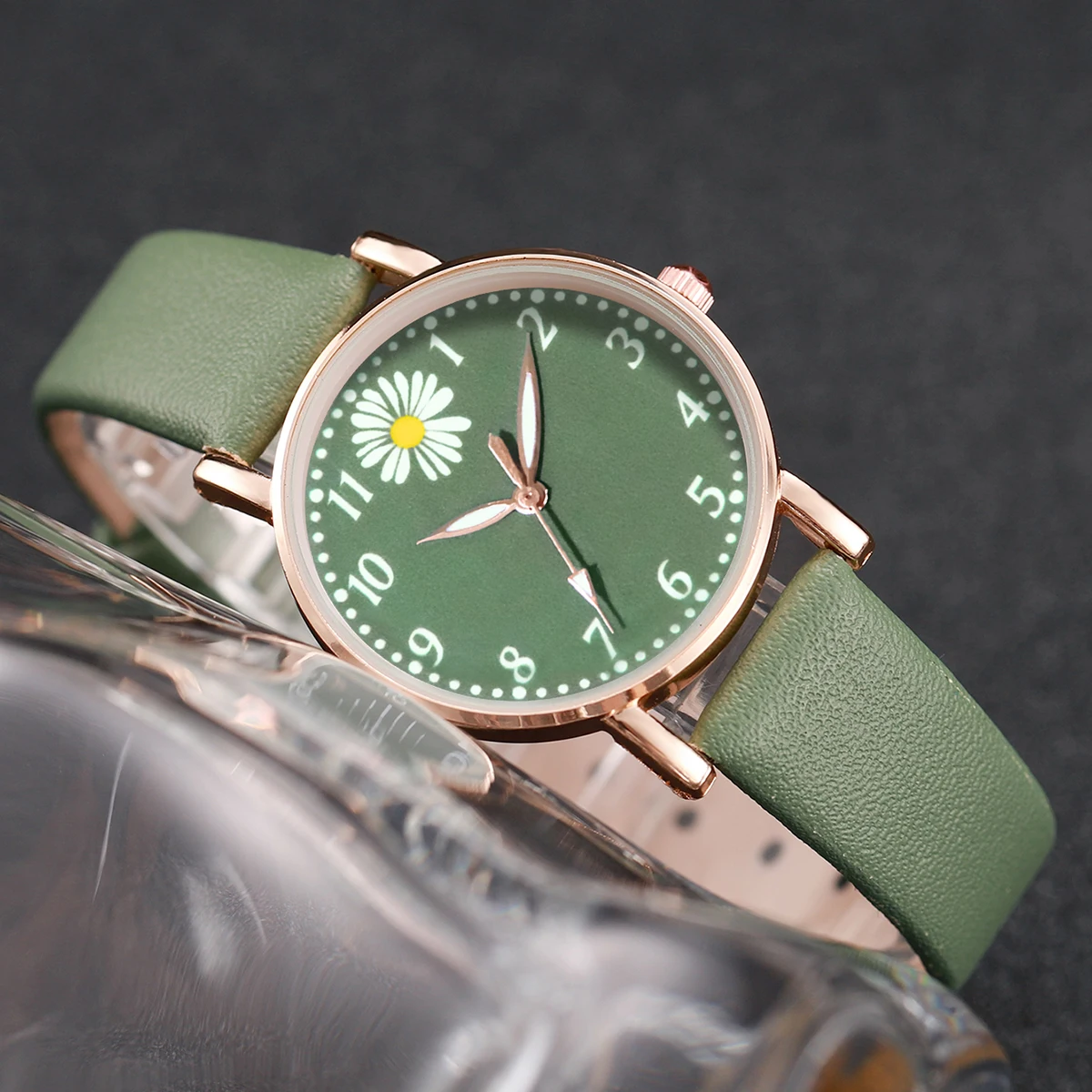 2PCS/Set Fashion Daisy Flower Women Watches Bracelet Set Casual Leather Band Quartz Watch（Without Box） 3
