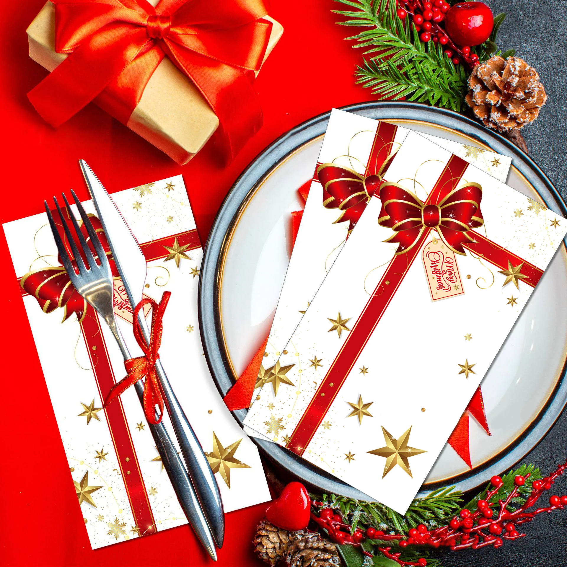 100PCS Christmas Gift Bowknot Paper Napkins 33*40CM 2-Ply Disposable Christmas Table Paper Towel For Xmas Wedding New Year Decor