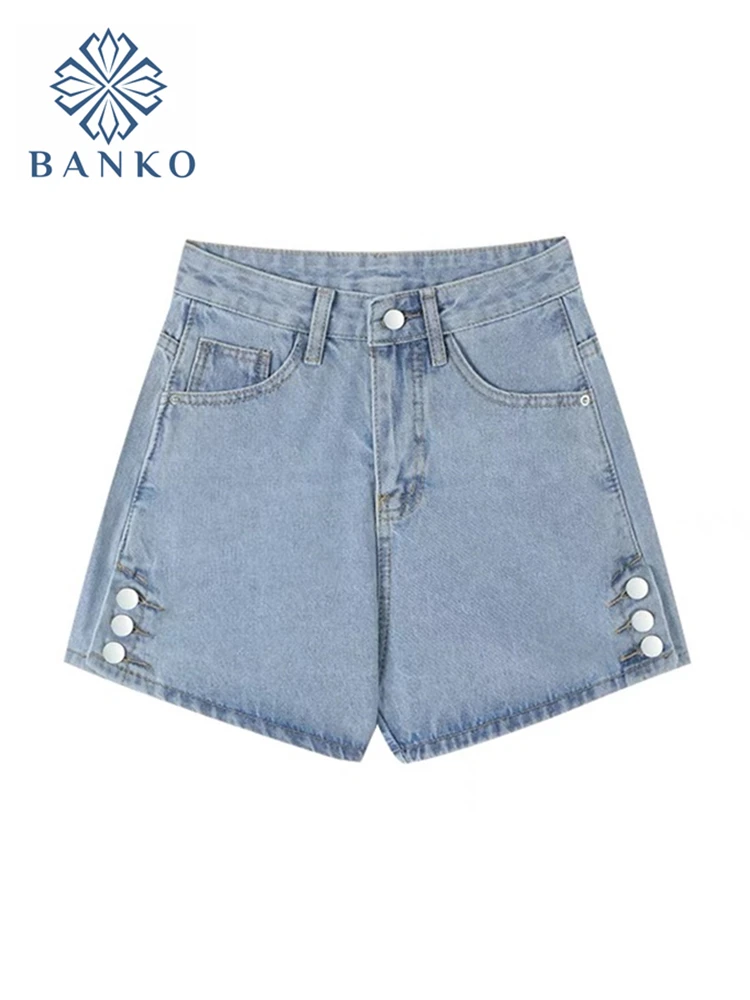 Pantalones cortos vaqueros de alta para mujer, ropa de calle informal azul que combina con todo, botones laterales de pierna ancha con pantalones, pantalones cortos básicos para mujer 2022| AliExpress