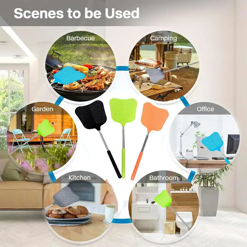 Expandable Fly Swatter Set Of 3 Long Flyswatter Heavy-Duty Indoor Fly Swatter Portable Manual Smasher With Extendable