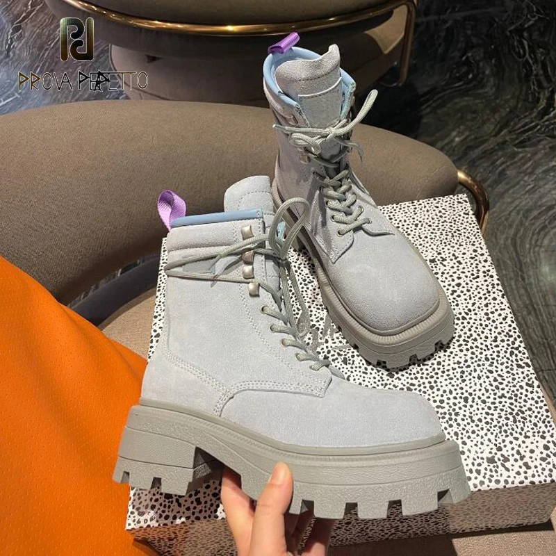 

2022 Fashion British Style Boots Squared Toe Thick Sole Platform Lace Up Ankle Bootie Motorcycle Boots Female All Match Leather