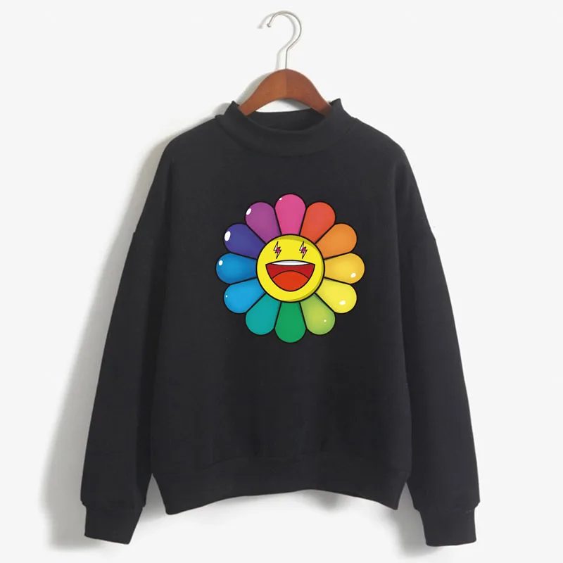 

Sunflower smile graphic Print Women Sweatshirt Sweet Korean O-neck Knitted Pullover Thick Autumn Candy Color Lady Clothing