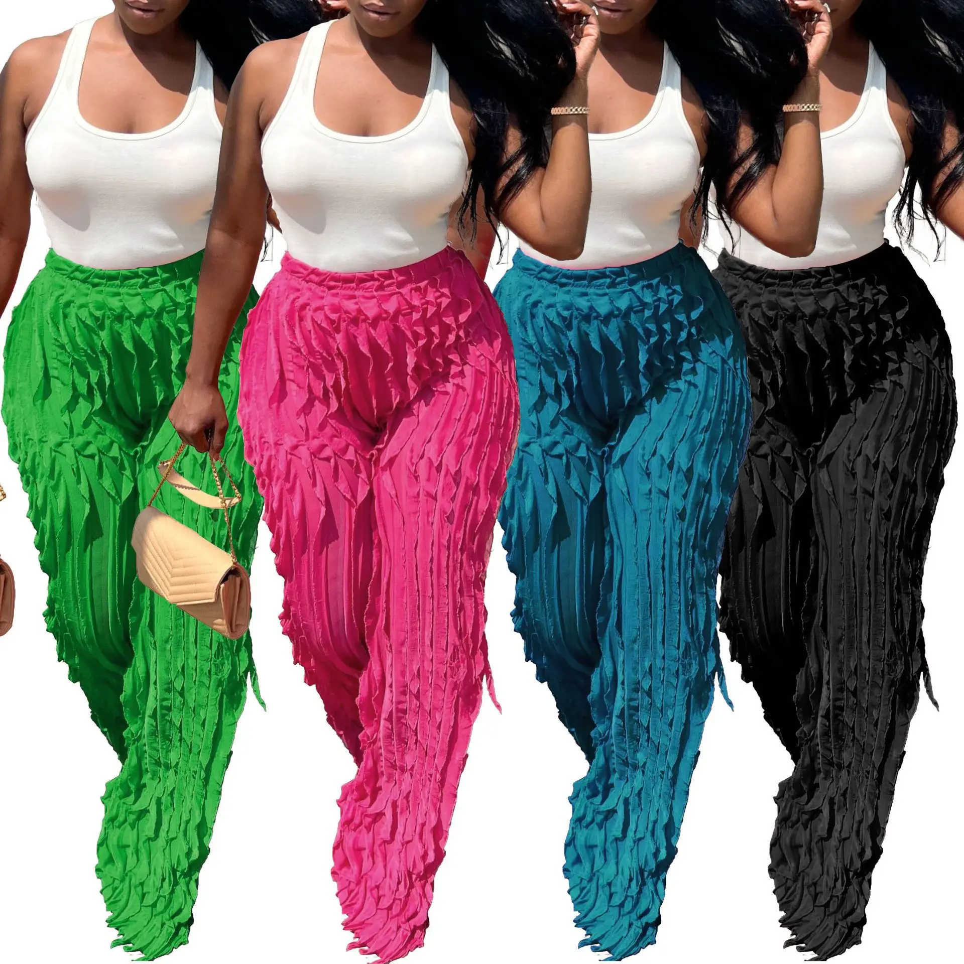 

Summer Mesh Wave Pattern Ruffles Pants for Women 2023 Casual High Waist Wide Leg Pants Slim Streetwear Trousers Lady Y2K Fashion