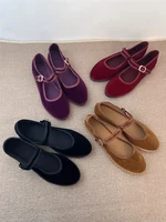 Velvet Mary Jane Shoes for Women Hand Stitch Casual Streetwear Ballet Flats Pumps Female Solid Color Red Cloth Shoes Loafers