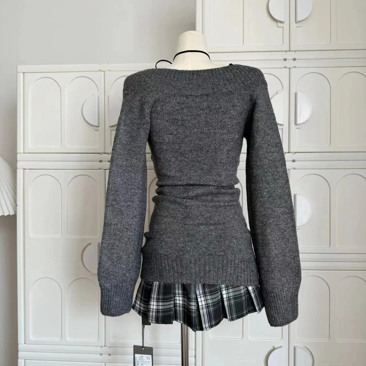 Autumn Winter Woman Gyaru V-neck French Vintage Sweater Long Sleeve Pullover Knitwear Mini Skirt 2000s Aesthetic 3-piece Outfits