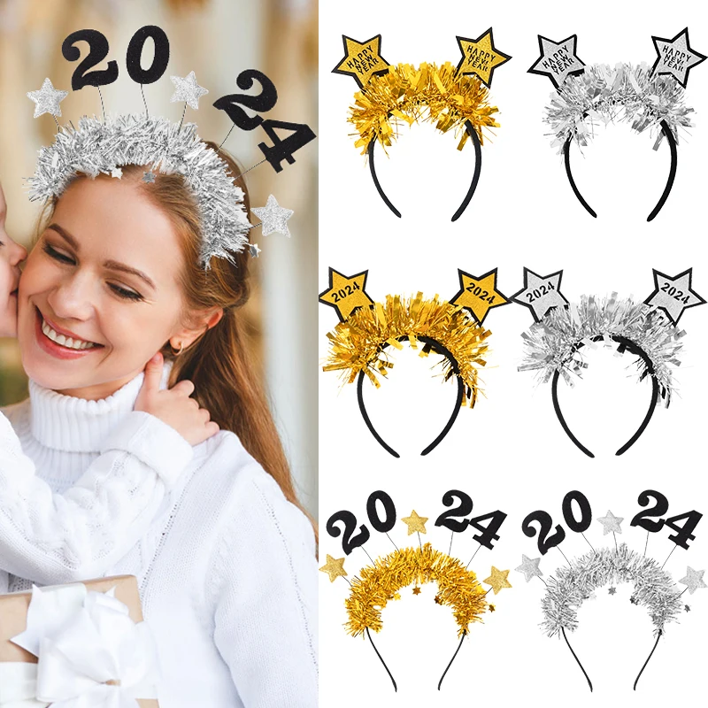 

2024 Happy New Year Headband Adult Kid Glitter Star Sequin Hairhoop New Year Party Diy Gold Silver Hair Decoration Accessories