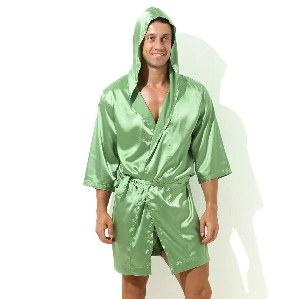 Sexy Sleepwear Men Robes Bathrobes Soft Silky Short Sleeve Nightgown Mens Homewear Dressing Gown Male Pajamas (No shorts) - 5
