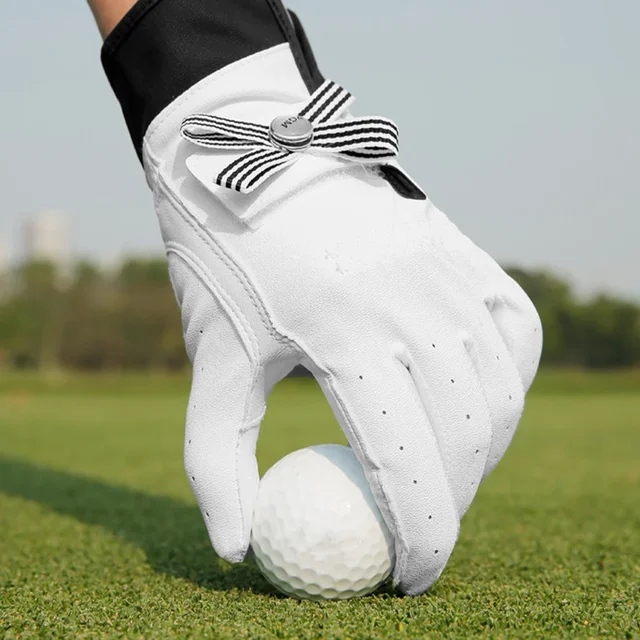 1 Pair Women Lambskin Leather Golf Gloves with Mark Ladies Breathable Open Finger Mittens Right and Left Hand Sport Gloves