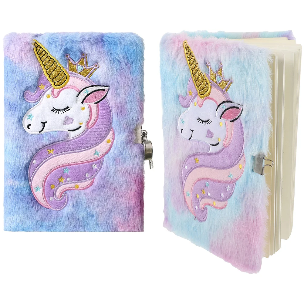 2Pcs Fluffy Cover Notebook Decorative Plush Notebook Cartoon Notepad Plush Notebook Diary with Lock 2pcs vintage cover sketchbook chinese style sketch book spiral bound notebook painting book diary book 141x172mm