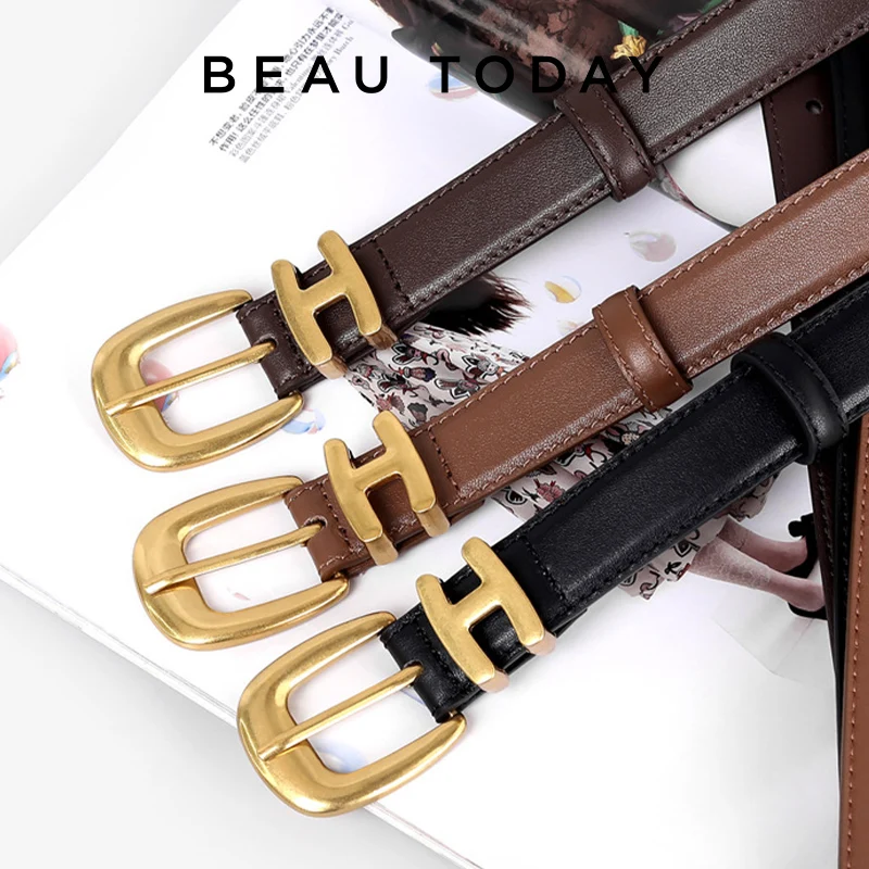 

BEAUTODAY Versatile Belts Women Genuine Cow Leather Solid Color H Logo Ladies Accessories Handmade B31