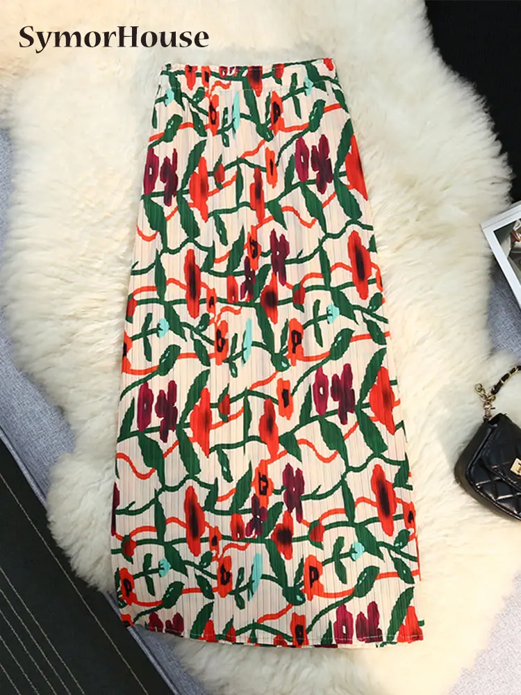 

New 2023 Summer Autumn Vintage Chic Printing Women's Pleated Skirts High Waist Korean A-Line Midi Wrap -Hips Skirts Female