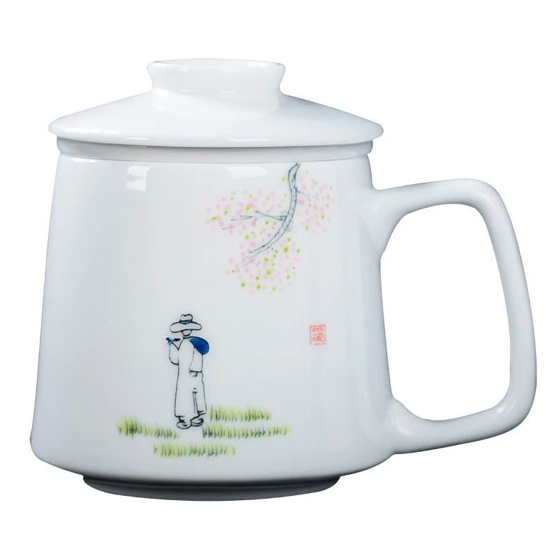 Chinese Style Tea Filtering and Separation Cups, With Cover White Porcelain Personal Mug, Home Drinkware Ceramic Office Cup, 1Pc