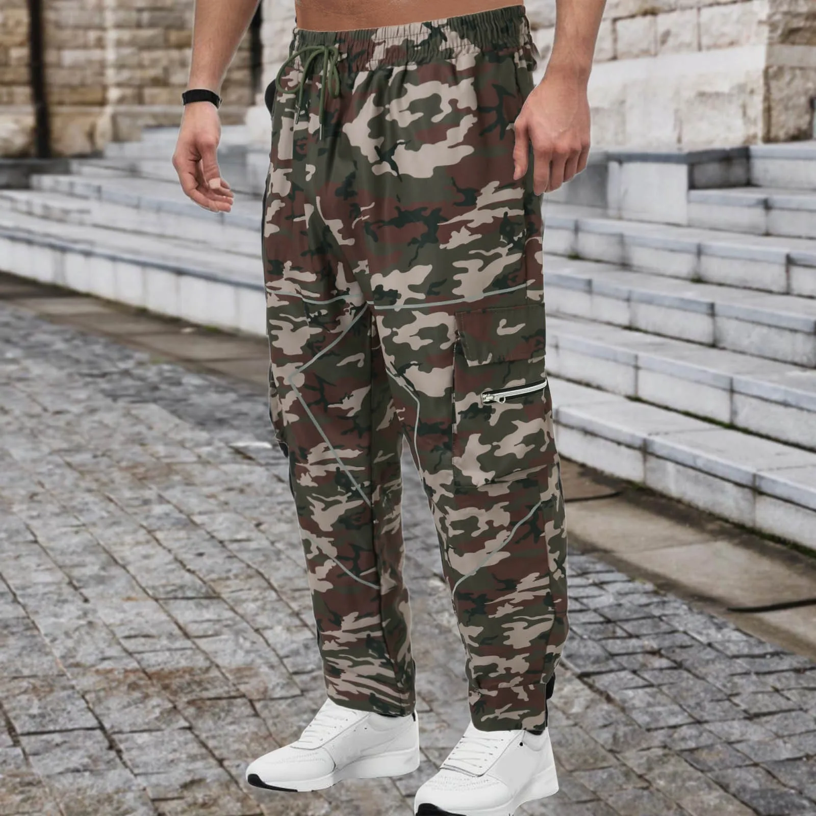 

Mens Spring Fall Cashew Flower Casual Sports Haren Pants Baggy High Street Multi Bag Overalls with
