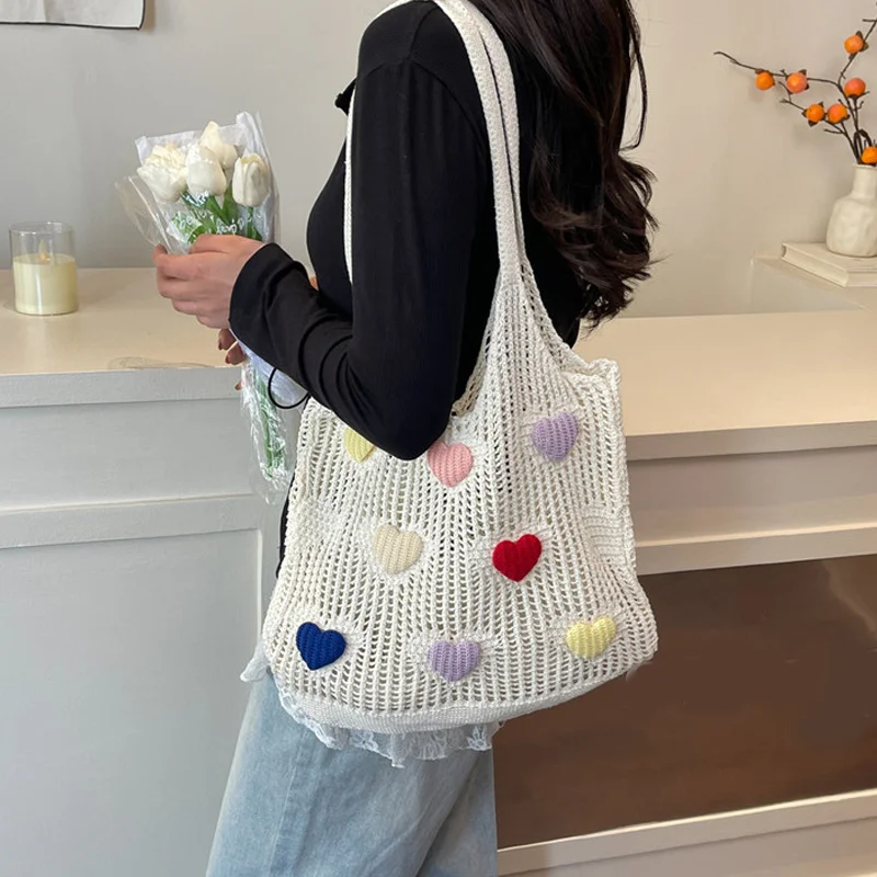 Hollow Out Lover Heart Thread Woven Bag Beach Handbag Tote Bag Beach Bag Large Capacity Bohemian Style Shoulder Bag Girls