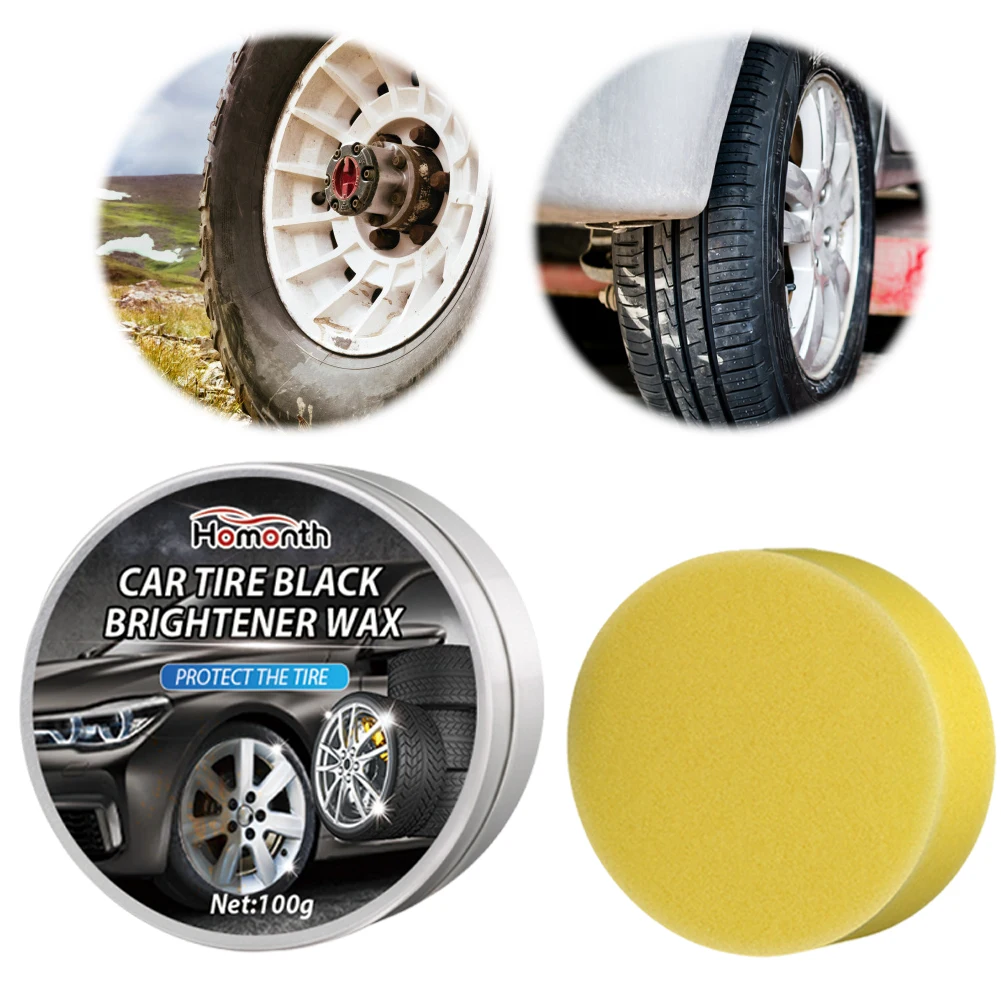 100g Car Tire Black Brightener Wax Car Tire Wax with Sponge Auto Polish Solves Stains Restores Shine