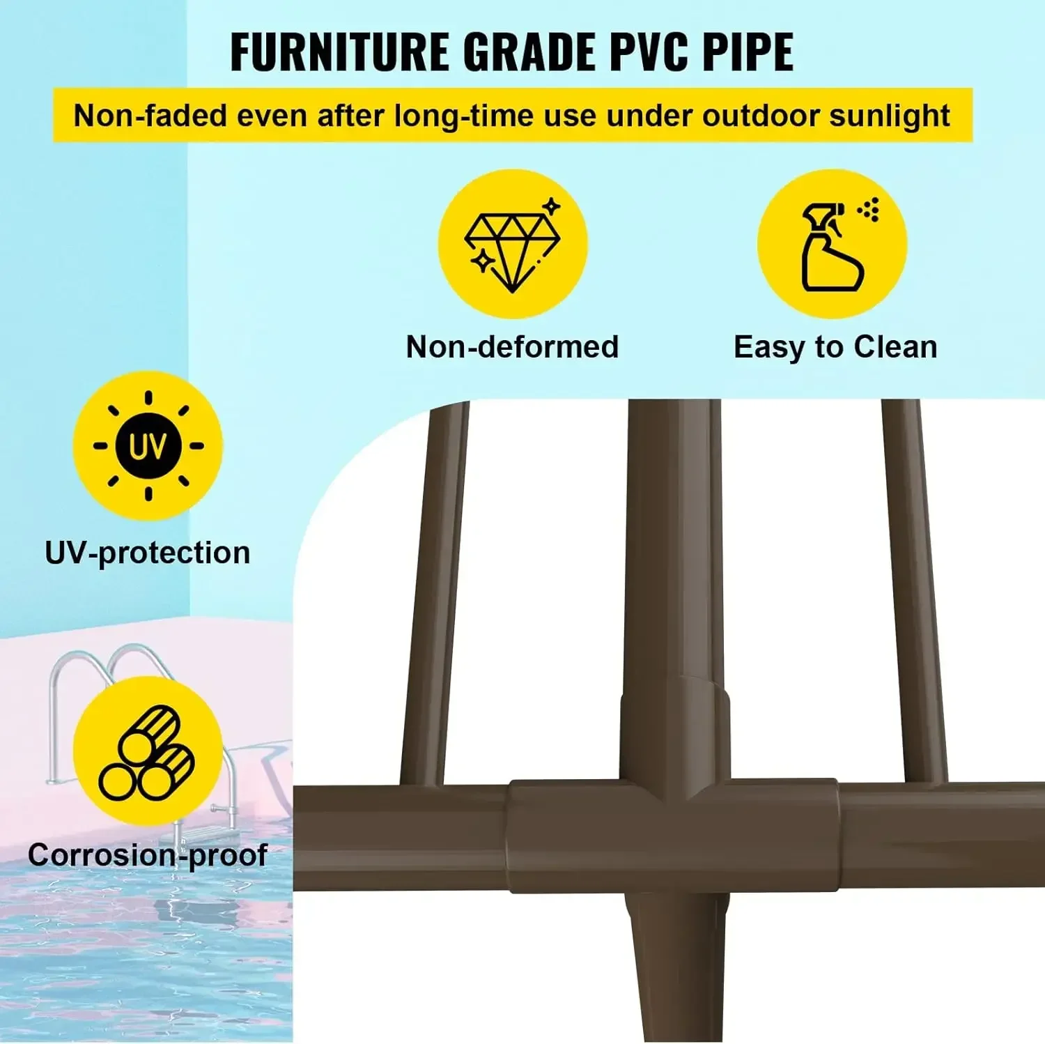 Pool Towel Rack, 5 Bar, Brown, Freestanding Outdoor PVC T-Shape Poolside Storage Organizer, Include 8 Towel Clips 4
