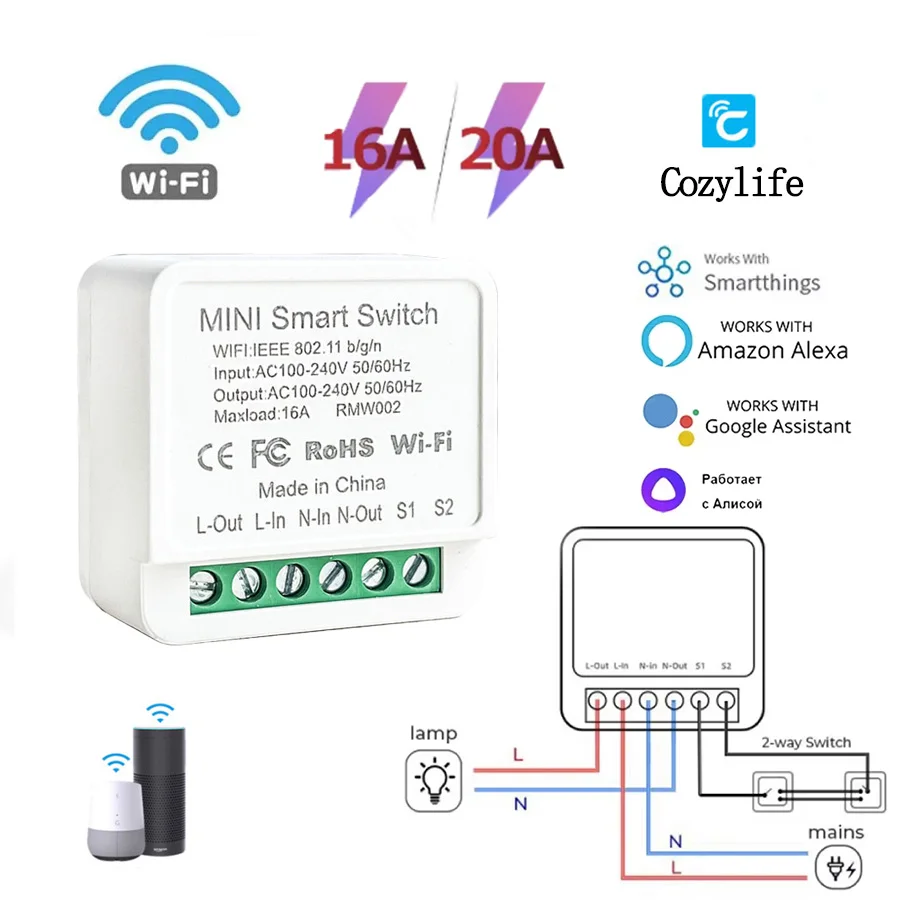 16A 20A Smart WiFi Wireless Switch Module Breaker Relay 2-way Control APP Remote Control AC100-240V Support Alexa Google Home