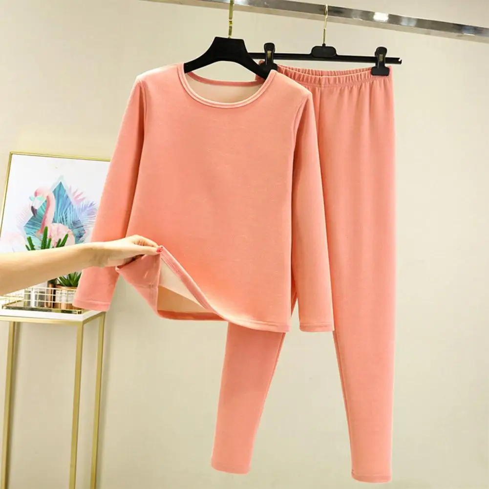 2 Pcs/Set Women Thermal Underwear Set Winter Thick Plush Round Neck Long Sleeve Long Johns Elastic Waist