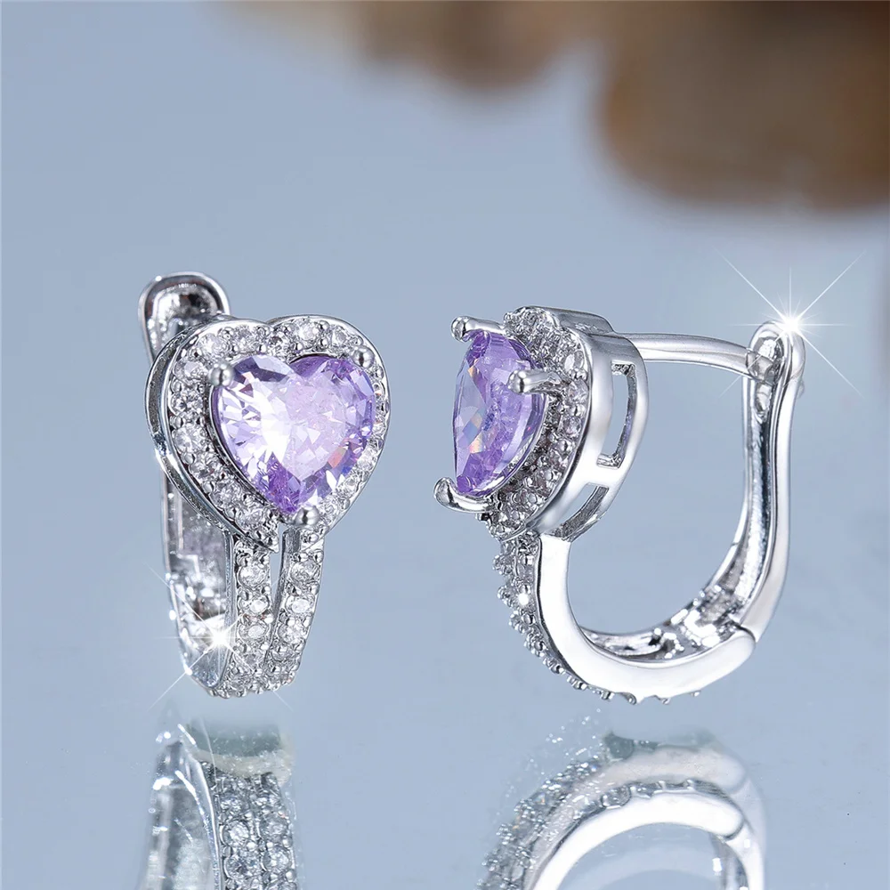 Charm Female Small Angel Purple Zircon Stone Heart Hoop Earrings Vintage Silver Color Simple Wedding Jewelry For Women