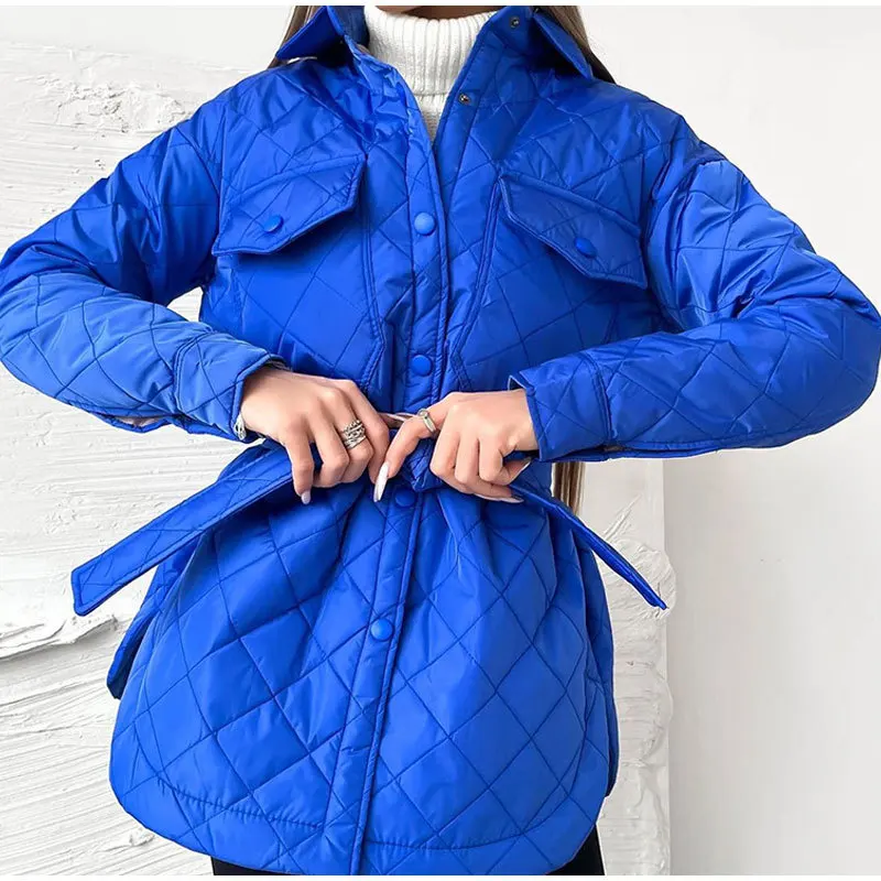 

Women Parkas Solid Color 2022 Winter Fashion Outerwear Thick Warm Ladies Casual Coats With Belt Female Elegant Tie Belt Jackets