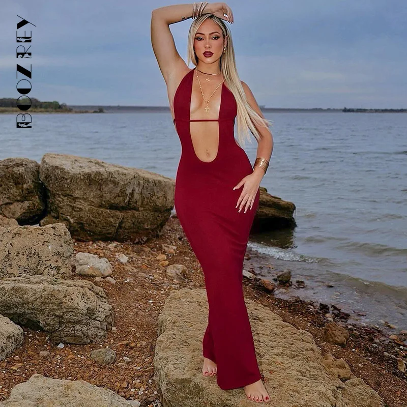 

BoozRey 2023 Sexy Deep V Neck Off Shoulder Backless Dresses for Women Vocation Elegant Party Club Low Cut Bodycon Maxi Dress