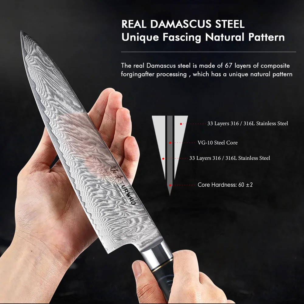 TURWHO 8 Inch Chef Knife Gyuto Knife Japanese Style VG10 Core Damascus Kitchen Knives Stainless Steel Butcher Knife Resin Handle 5