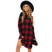 

Shiying European and American Plaid Dress Spring and Autumn Amazon New Long Sleeve round Neck Plaid Printed Casual Dress