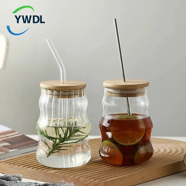 Beer Glass Bamboo Lid Straw Wholesale  Glass Cups Bamboo Lids Straws -  Straw Cup - Aliexpress