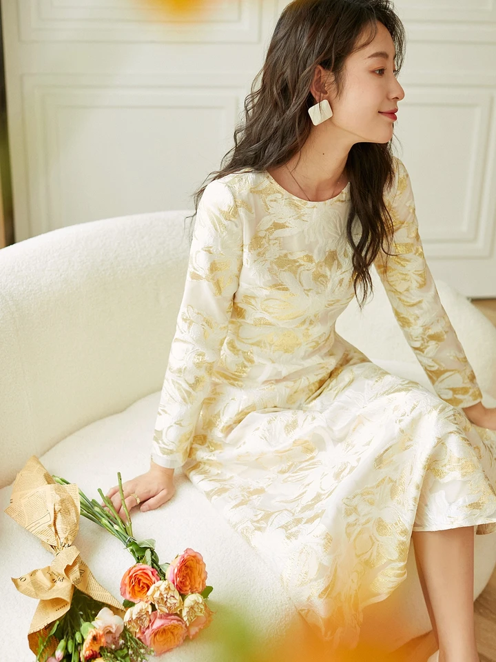 最終値下げ！【即完売品！】Bloom-Sleeve Jacquard Dress 2022 Spring Autumn Dress Slim Fit Jacquard Dress Long Sleeve