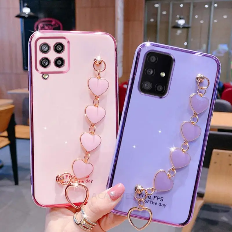 

Luxury Wrist Love Heart Chain Plating Case On For Samsung Galaxy A12 A22 4g A51 A71 A31 Bracelet A 12 51 71 Silicone Cover