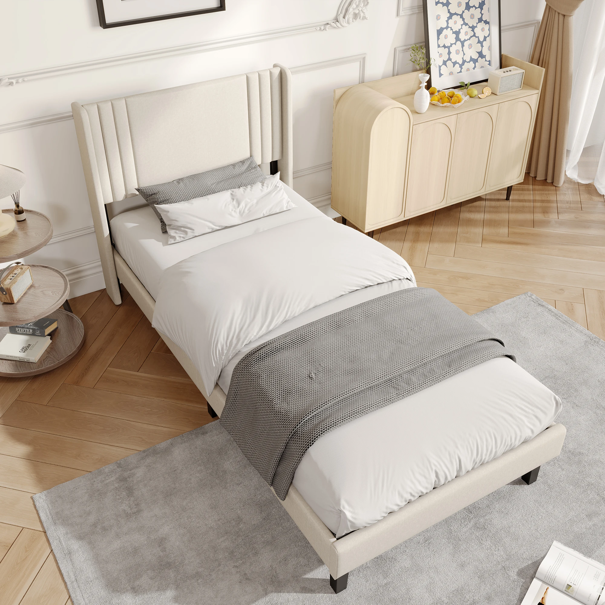 Rosahqnda gepolstertes Plattformbett, Jugendbett 90x200cm, Einzelbett, Kinderbett, Holzlattenrost, Leinenstoff – Detail 4