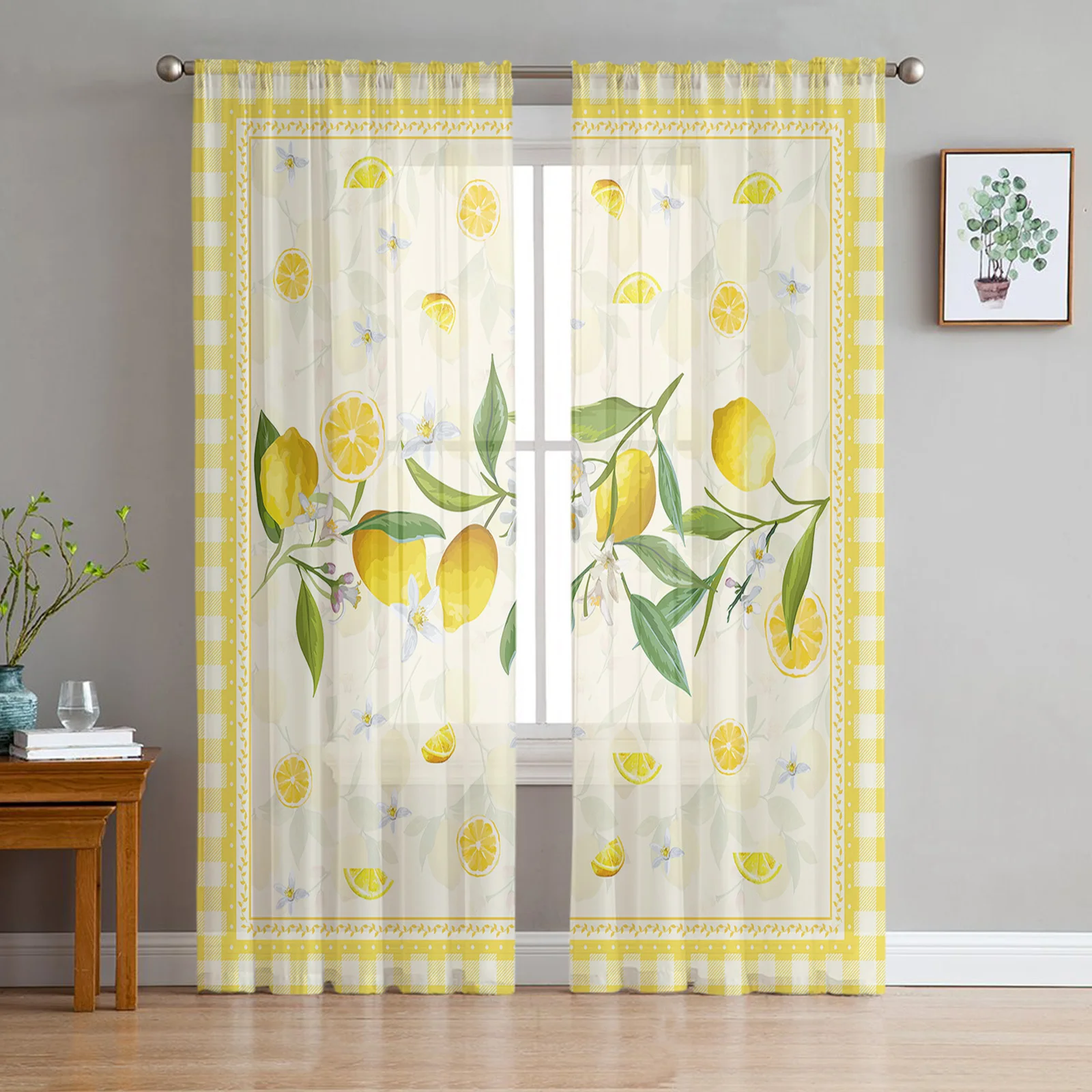 

Idyllic Summer Lemon Fruit Plaid Tulle Curtains For Living Room Kitchen Decoration Chiffon Window Treatments Voile Sheer Curtain